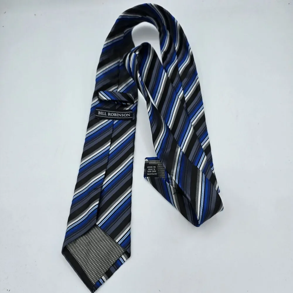 Bill Robinson Tie Mens 57 X 3 Inches Classic Blue Gray Black Striped Polyester